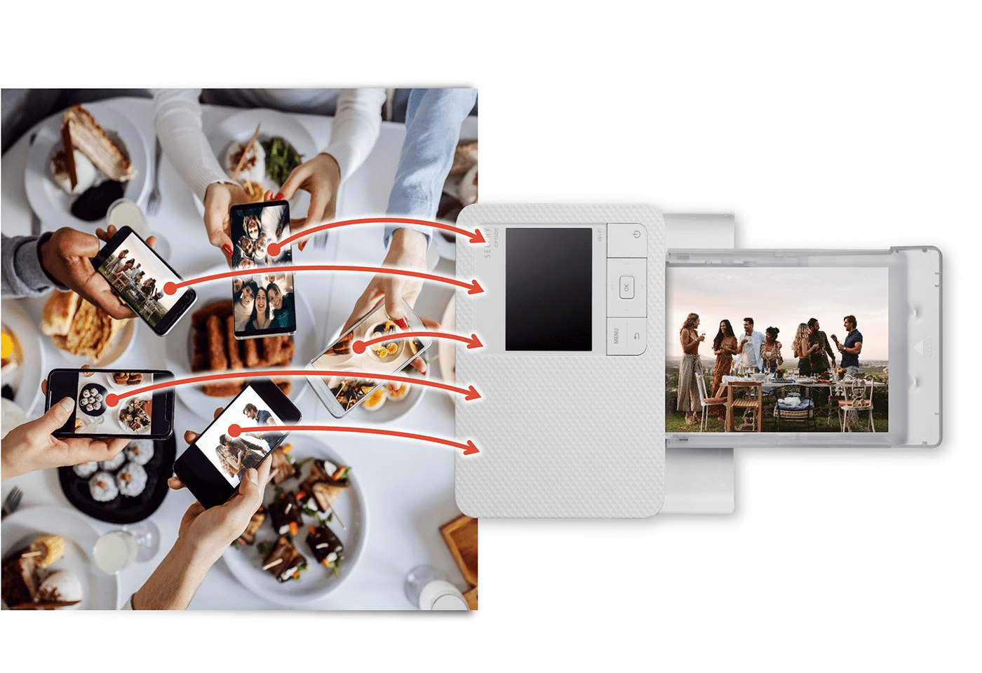 With the SELPHY CP1500, there&lsquo;s no limit to the number of smartphones that can be connected.
